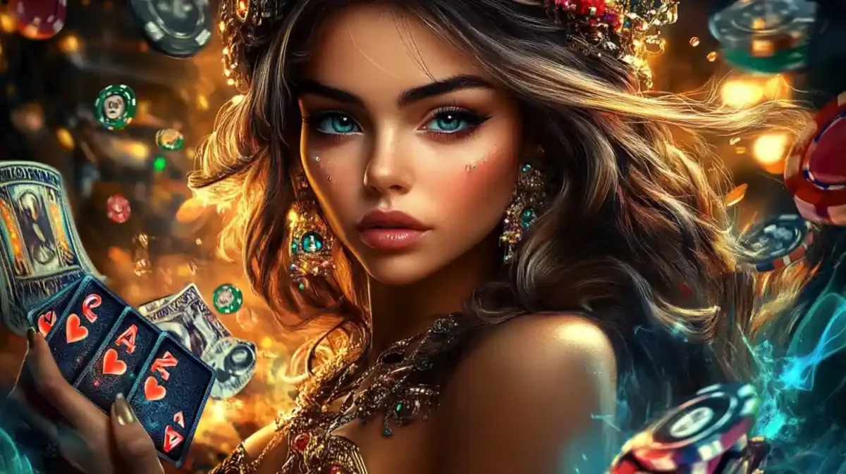 Elegant woman holding playing cards surrounded by floating casino chips and golden lights