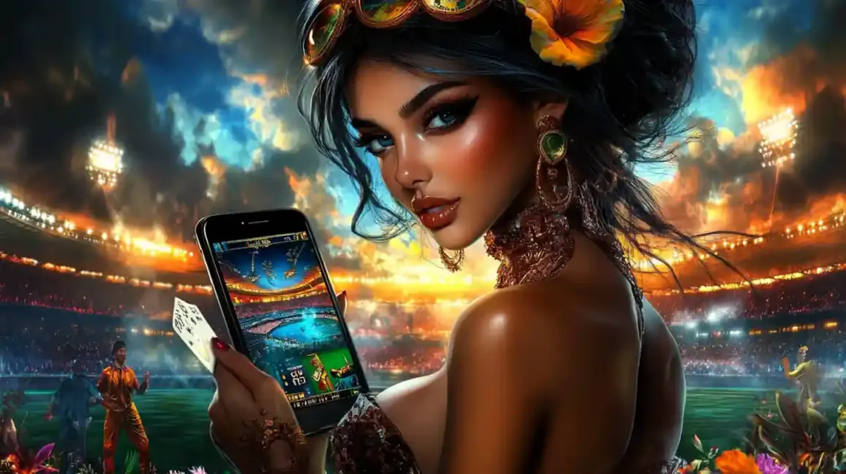 Stylish woman at stadium holding phone displaying casino game interface