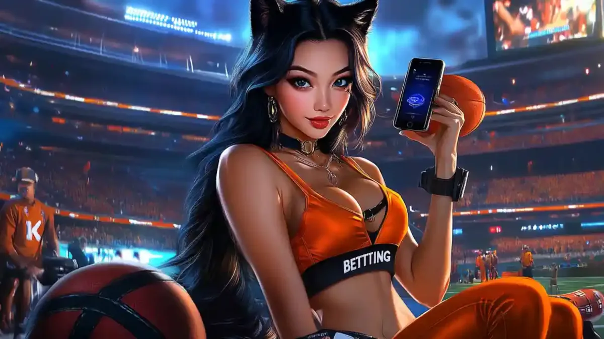 Attractive woman in sports arena holding smartphone with betting interface
